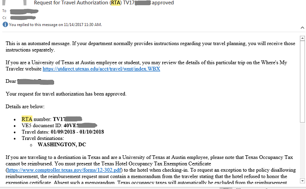 screenshot of a travel approval email